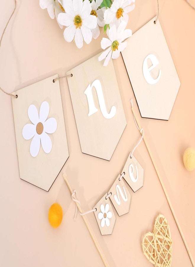 Curious Button Wooden Daisy “One” Banner Cake Topper | 1st Birthday Retro Boho Groovy Theme | Rustic Wooden Flower Cake Decoration for Baby Girl Boy First Birthday Party - Image 4